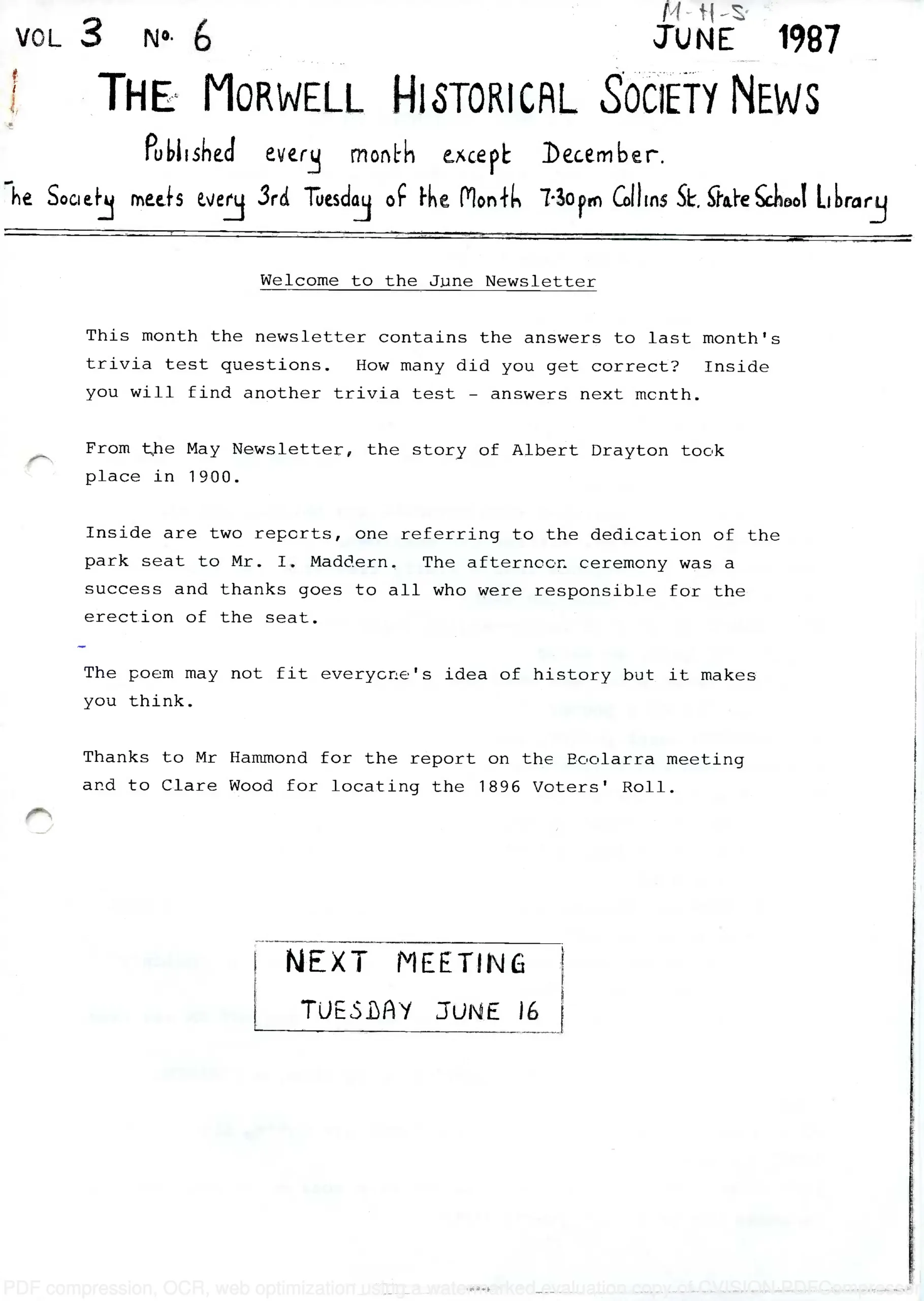 Newsletter June 1987