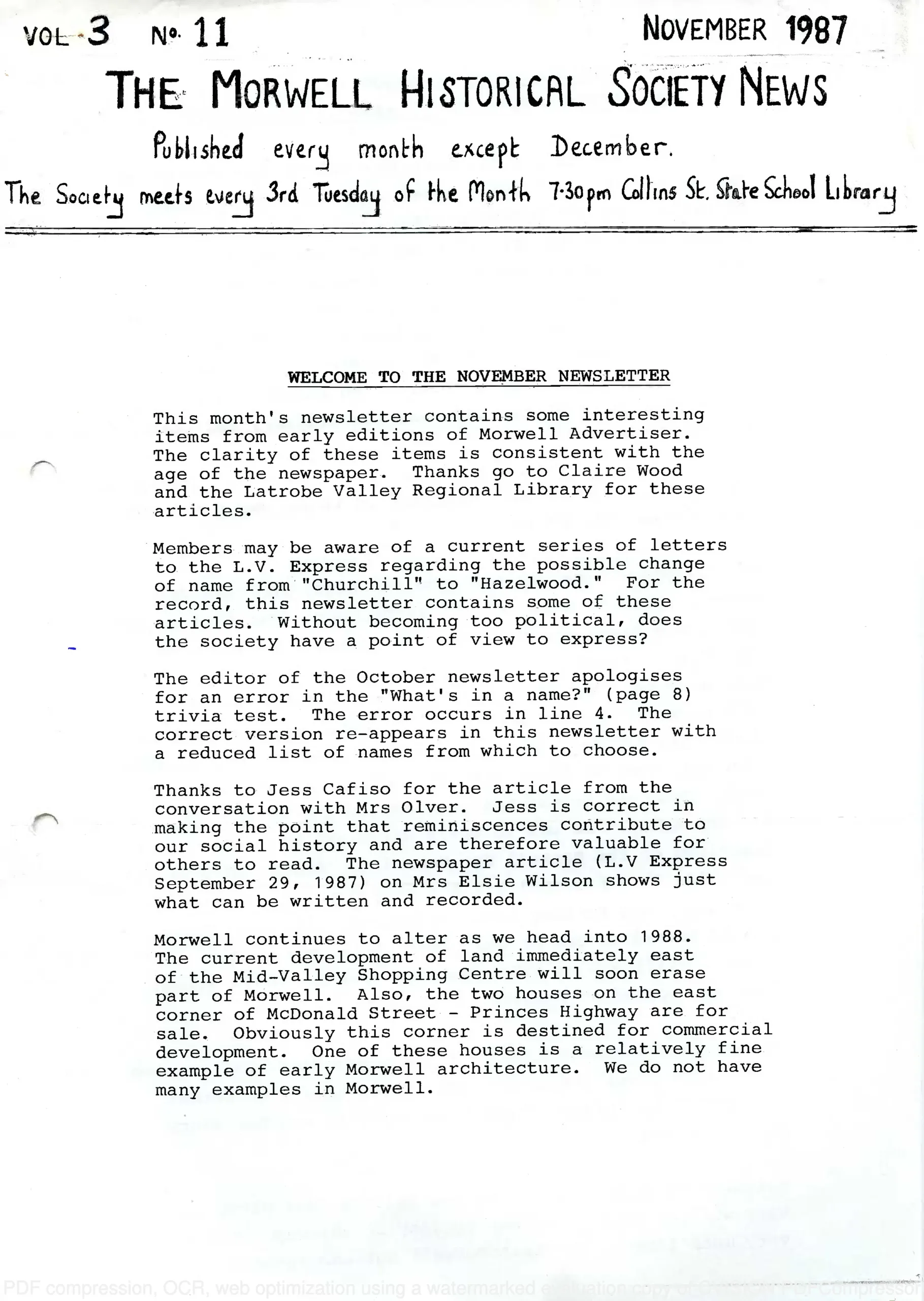 Newsletter November 1987