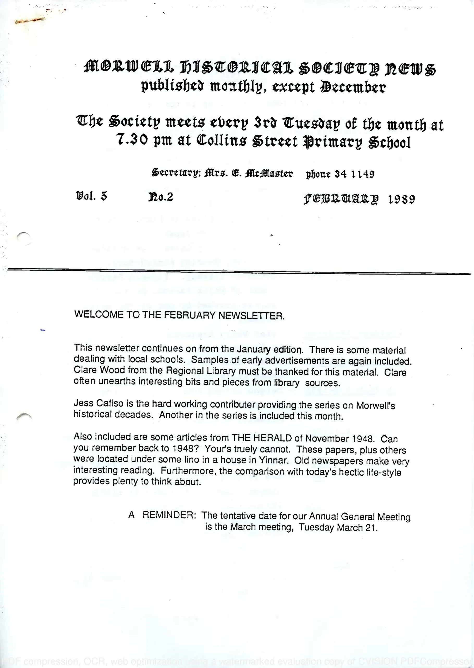 Newsletter February 1989