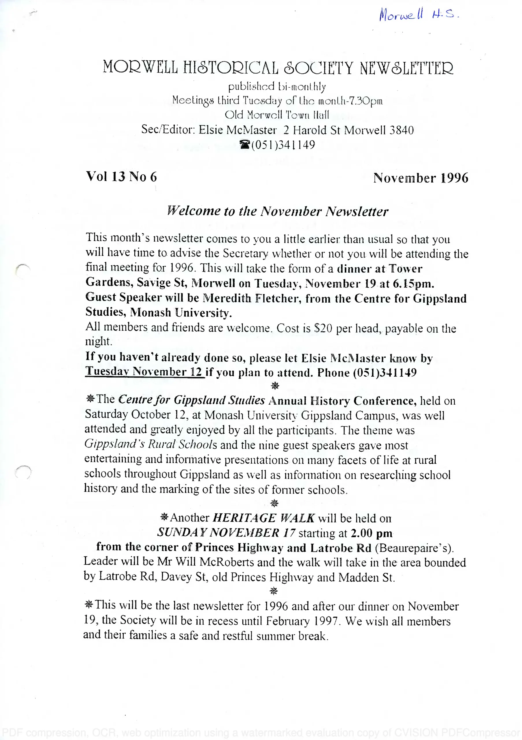 Newsletter November 1996