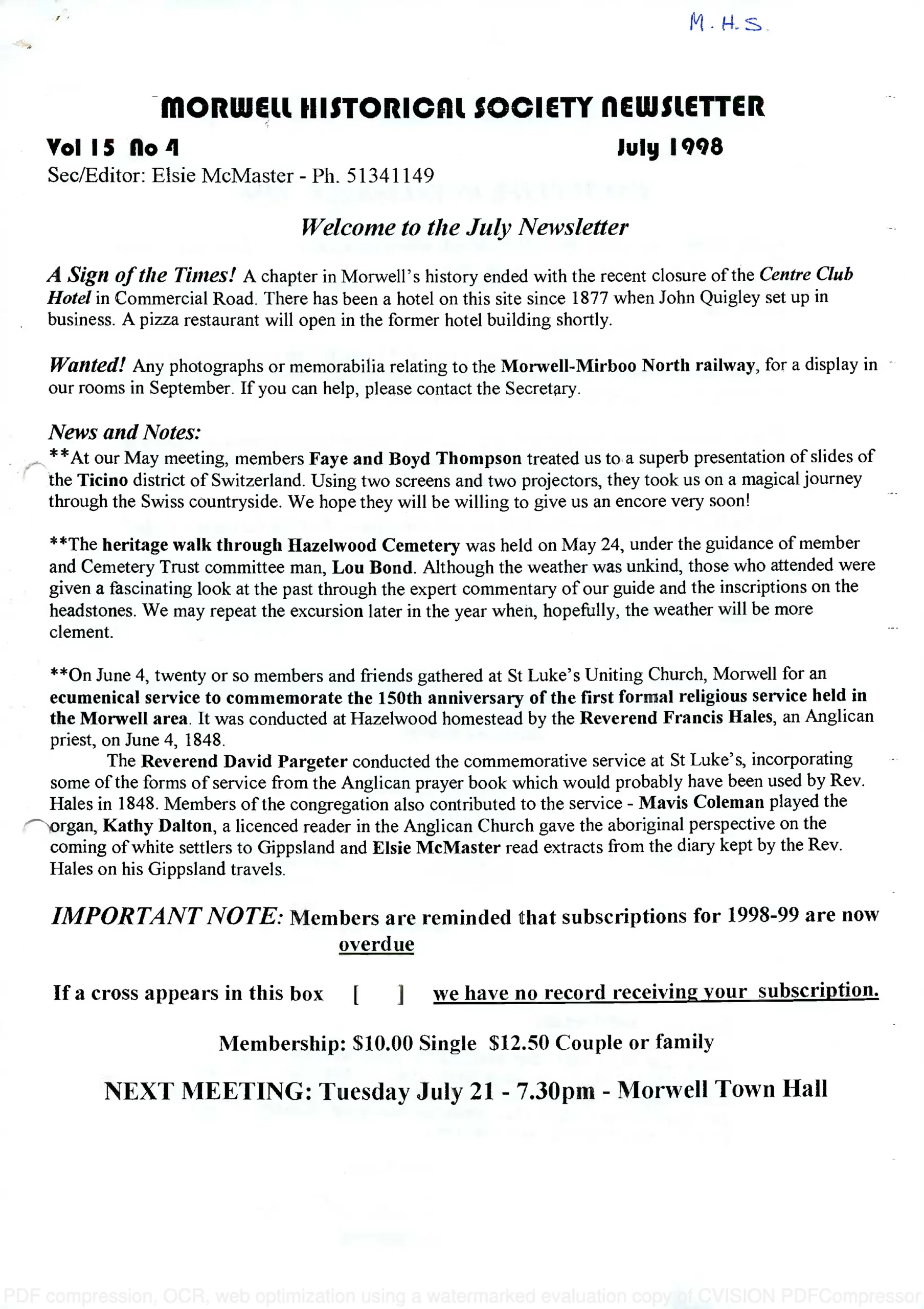 Newsletter July 1998