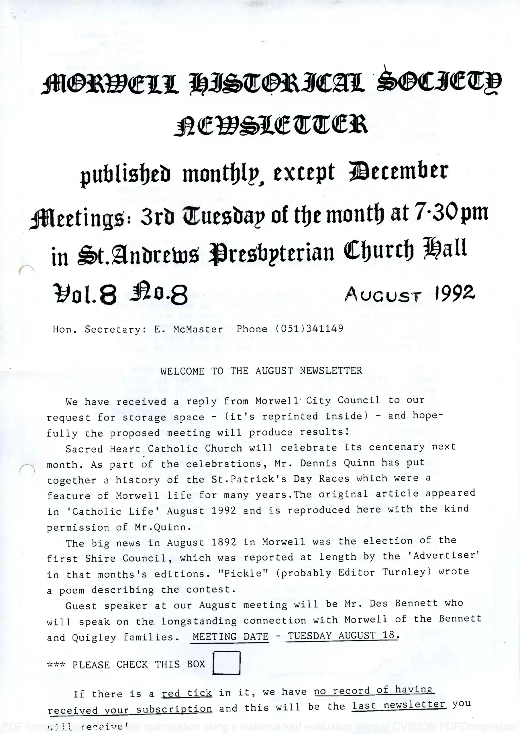 Newsletter August 1992