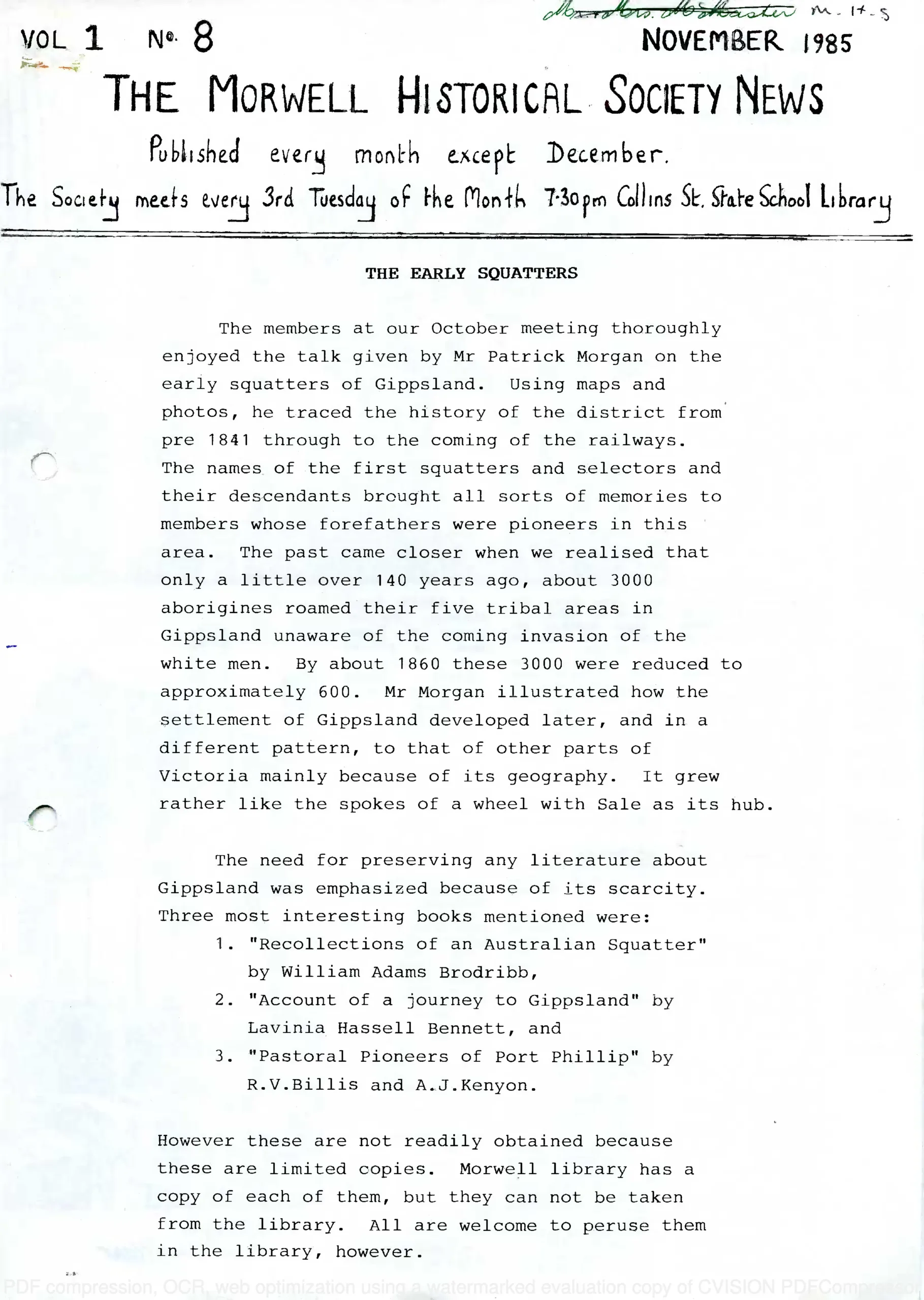 Newsletter November 1985