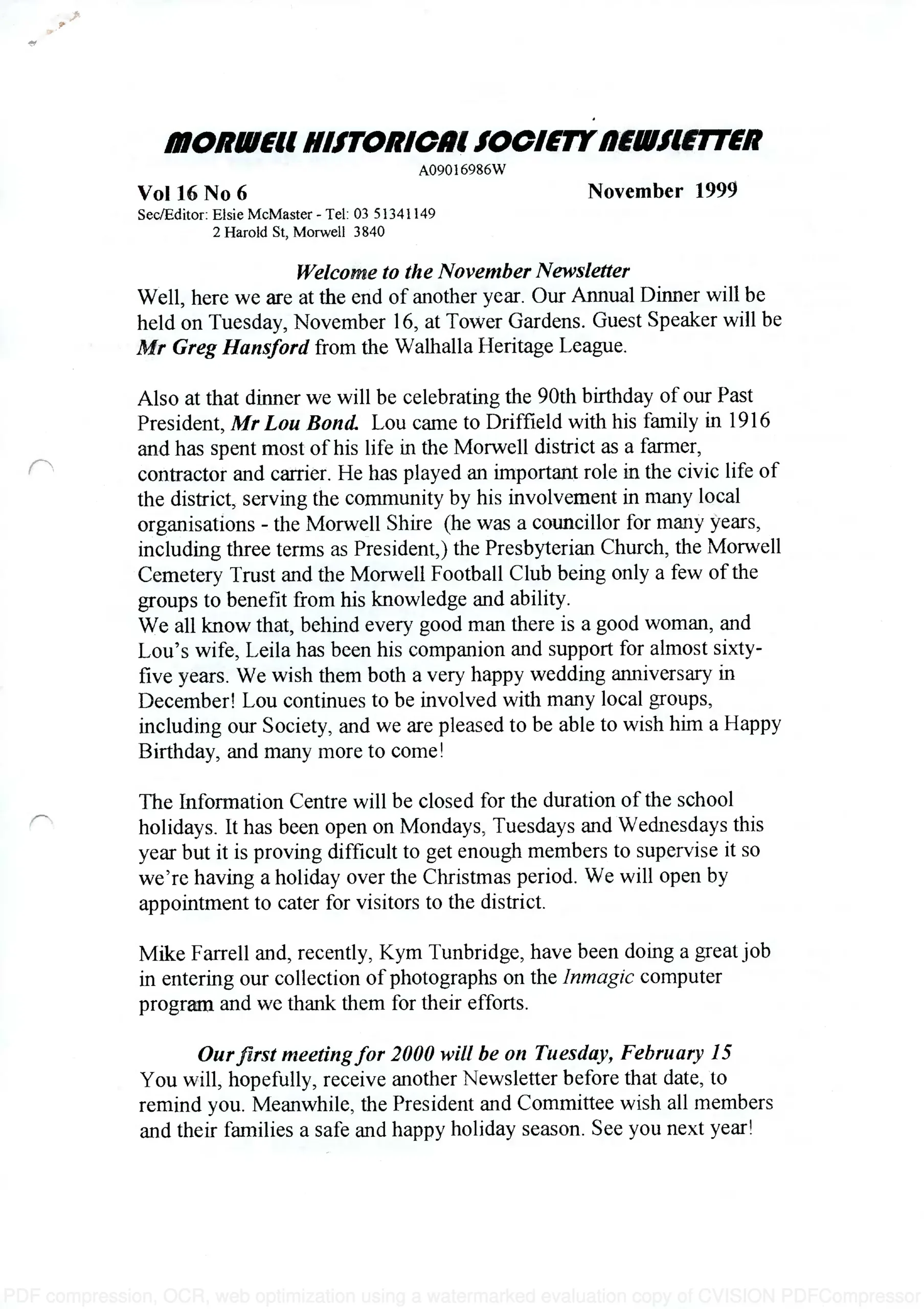 Newsletter November 1999