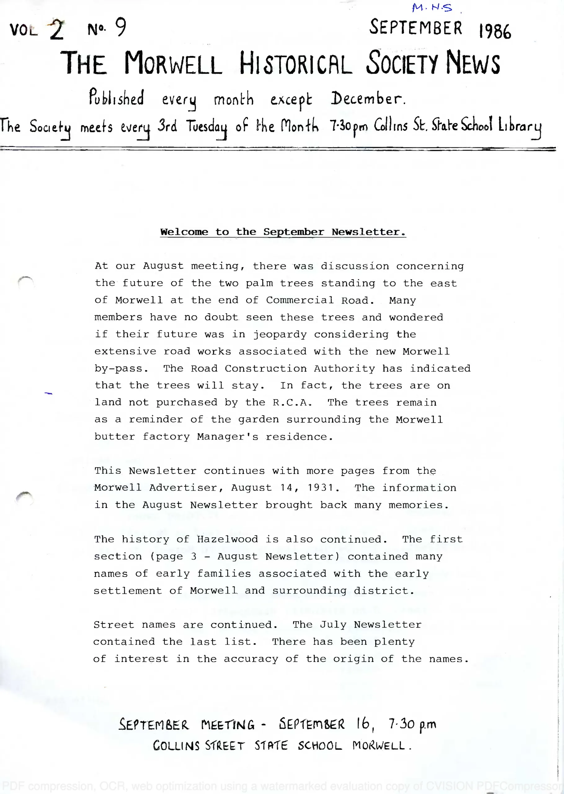 Newsletter September 1986