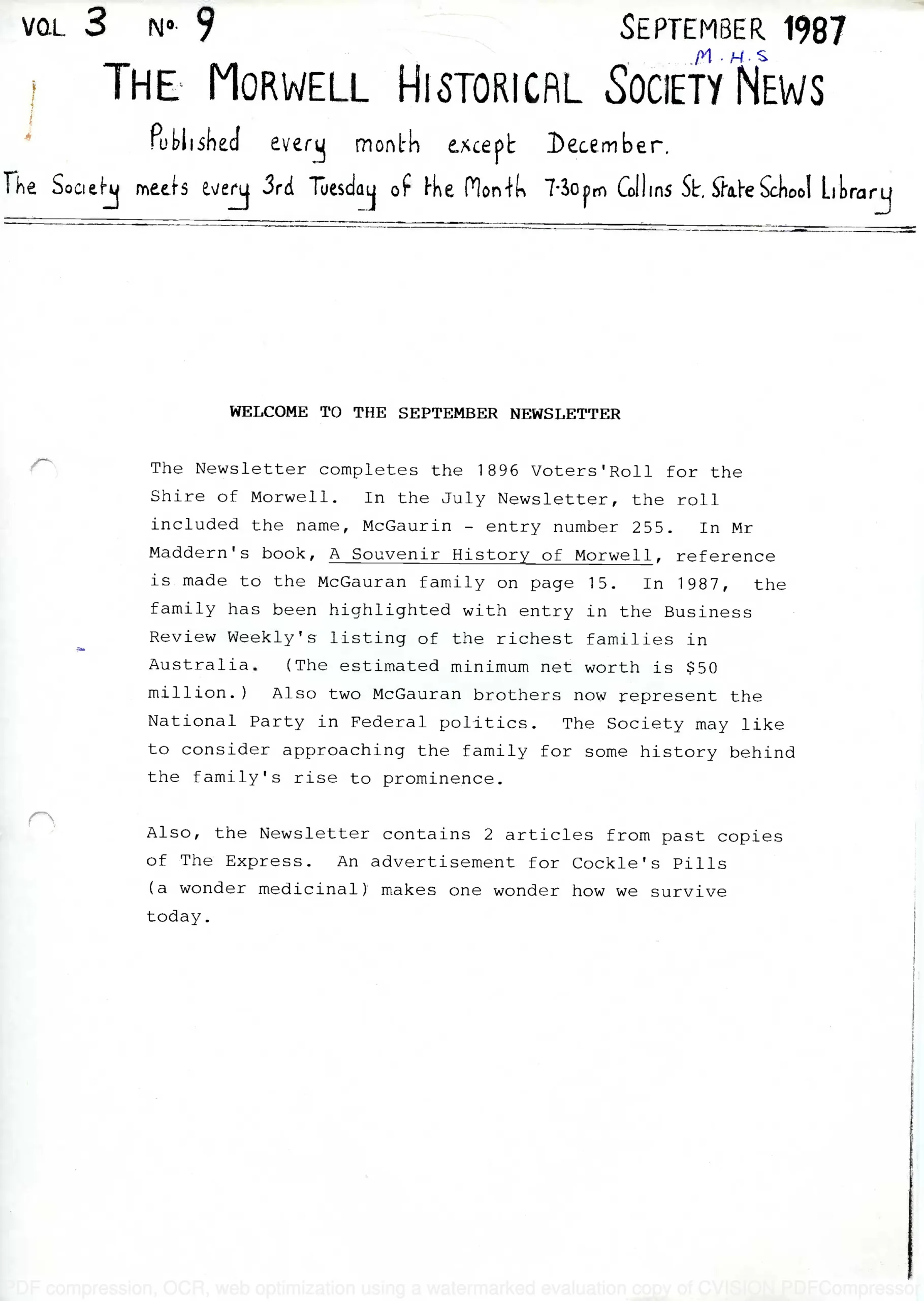 Newsletter September 1987