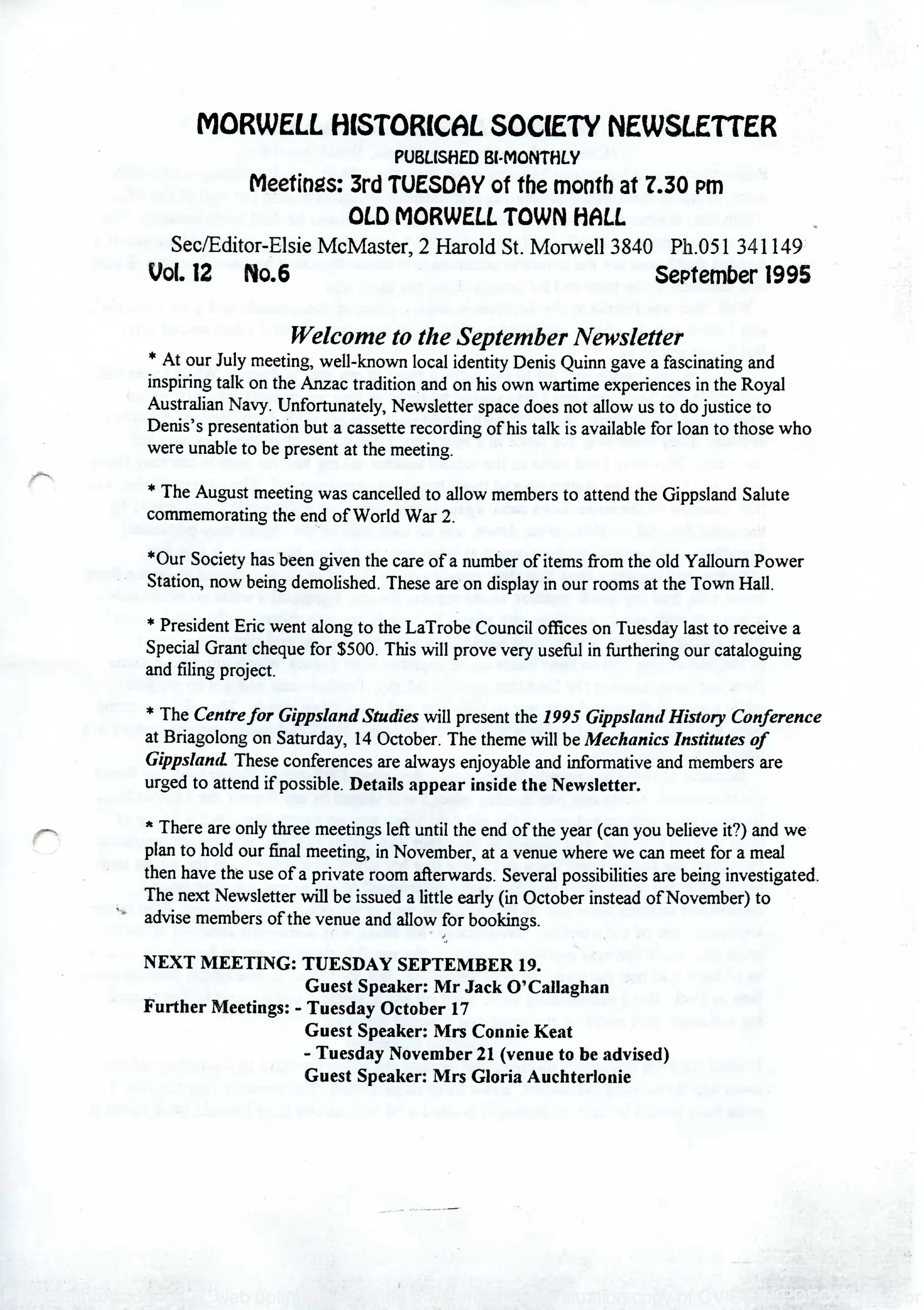 Newsletter September 1995