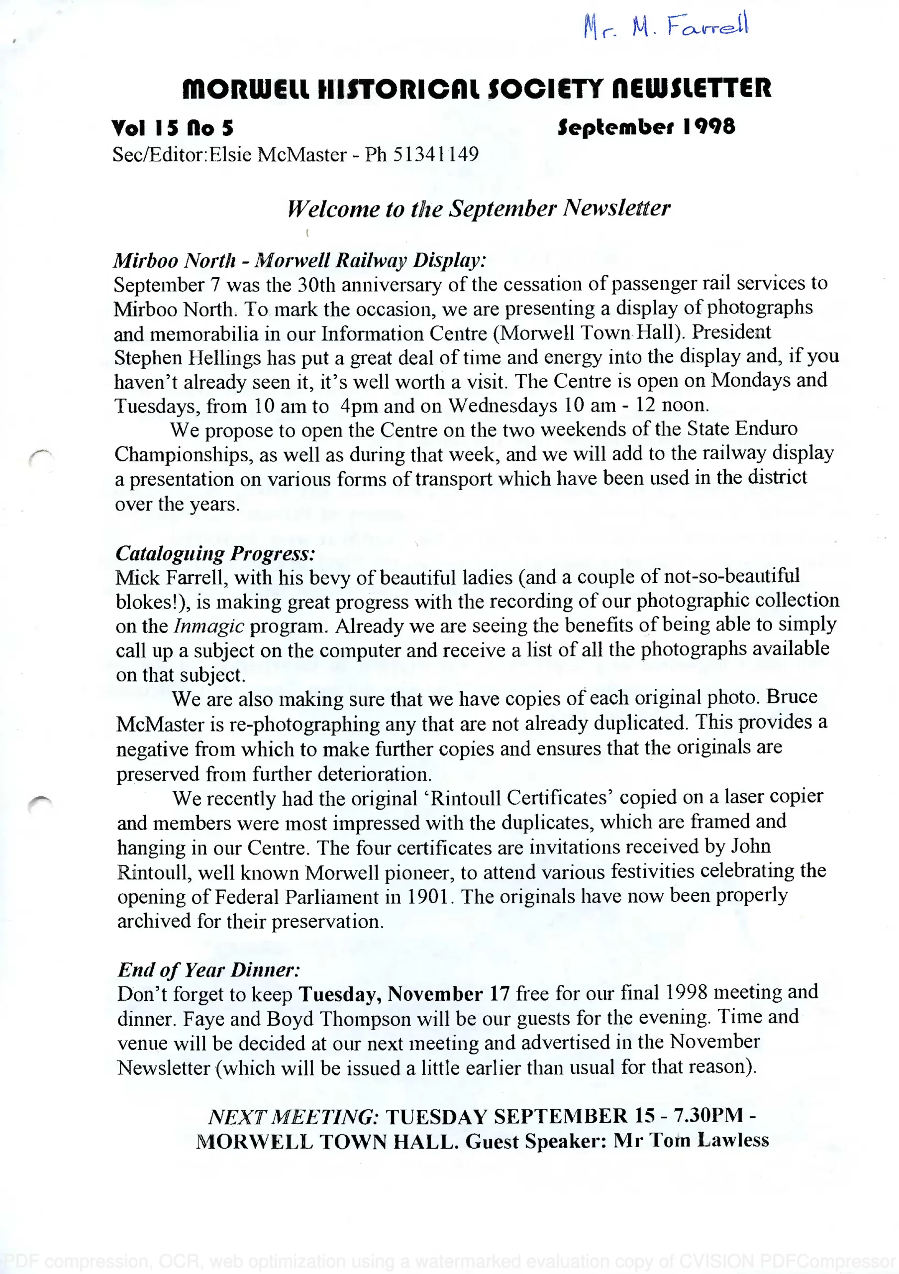 Newsletter September 1998