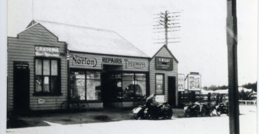 Shops: CD Koenig, Boot Repairer (left), Kelly Bros motor bike shop (centre) and H W Gay, Commission Agent (right) where ‘Scizzor Maze’ was.